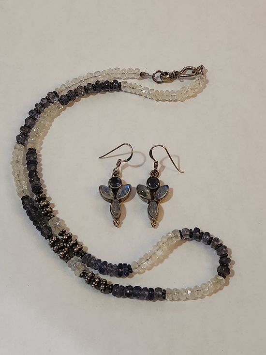 Jewelry - Rainbow Moonstine & Iolite Beaded Necklace with Matching Earrings